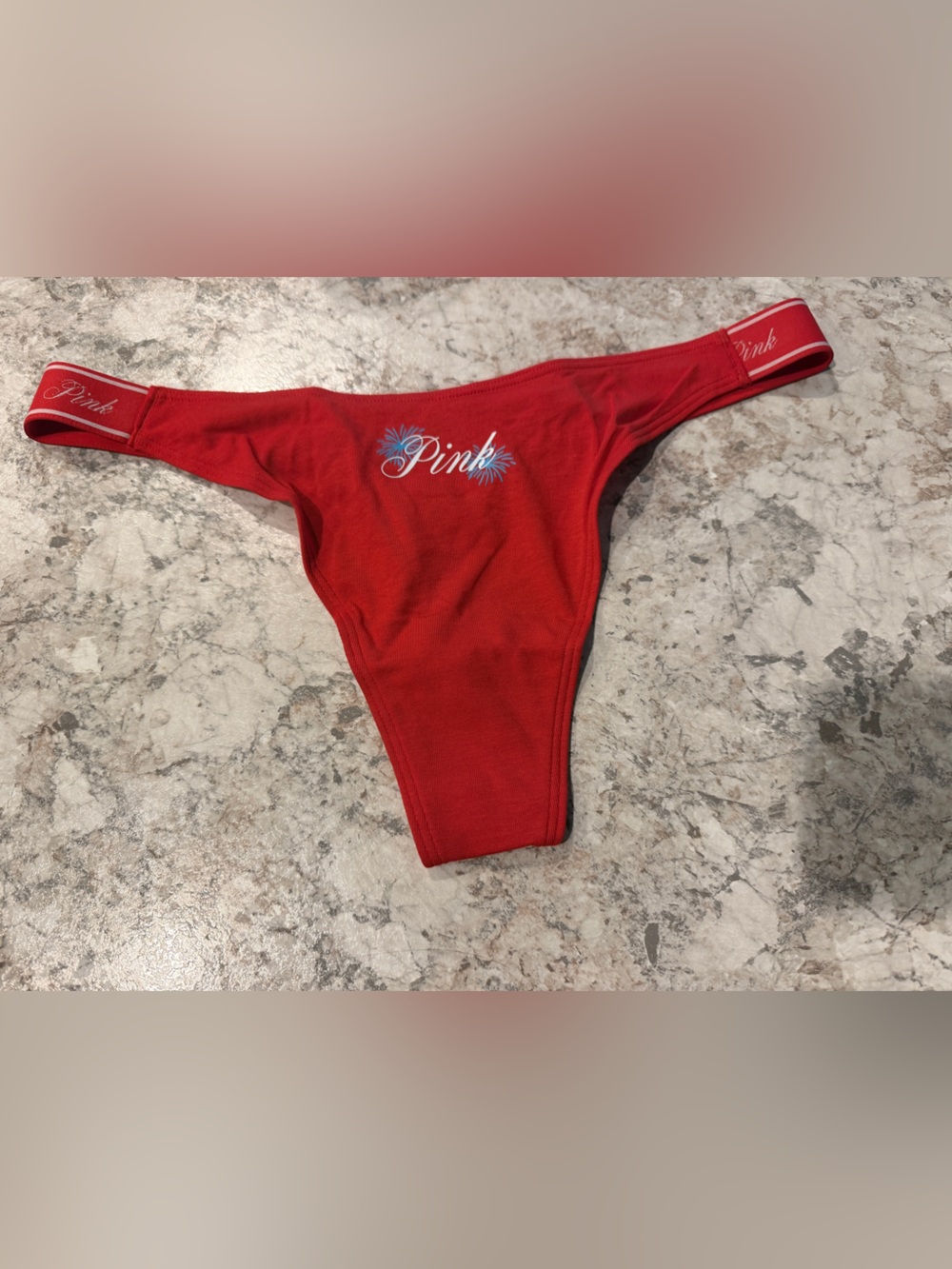 VS PINK Panty Fourth of July Logo Strap Fireworks Large NWT